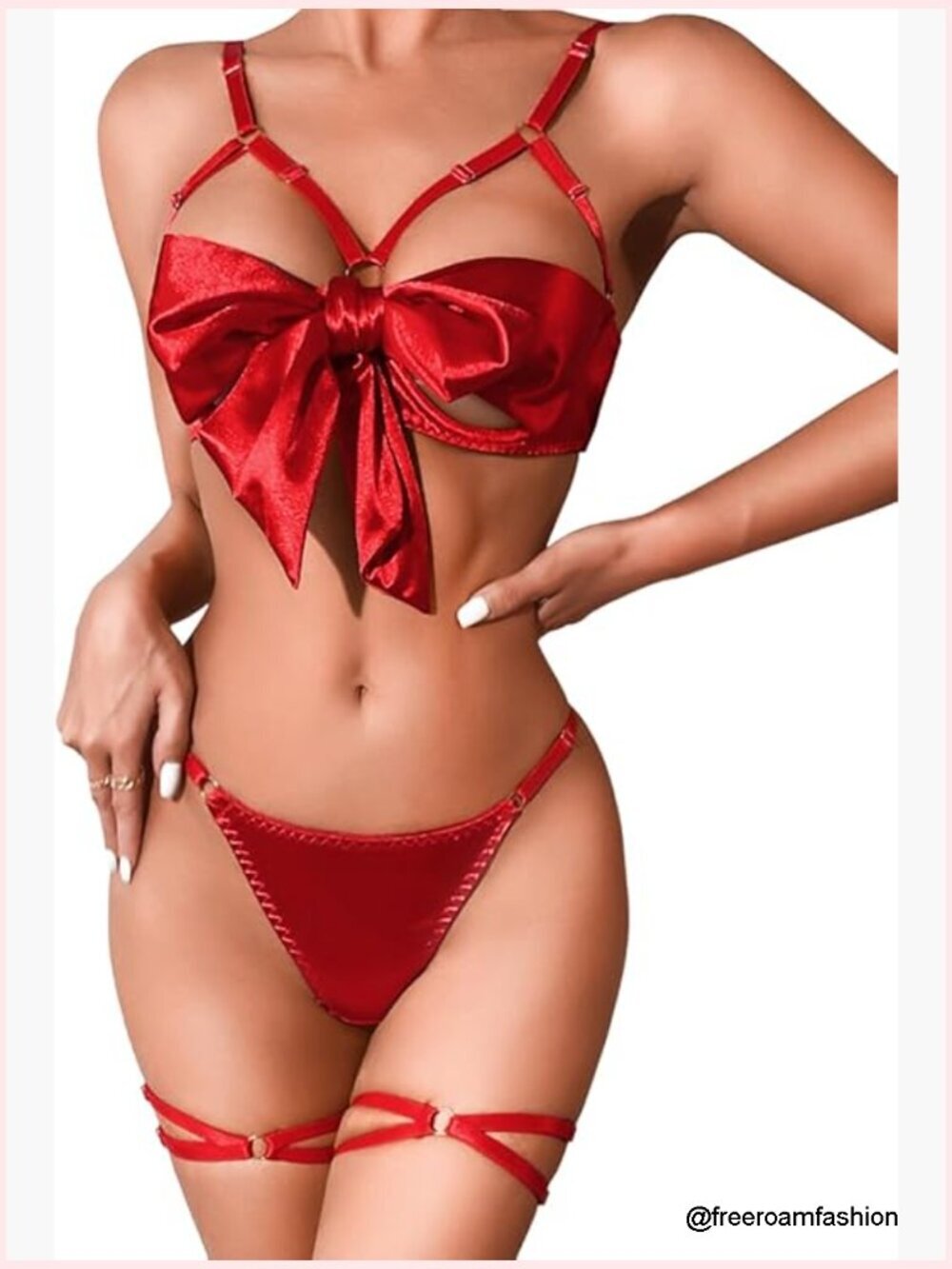 Satin Bow Lingerie Set with Strappy Design, Underwire Bra, Thong